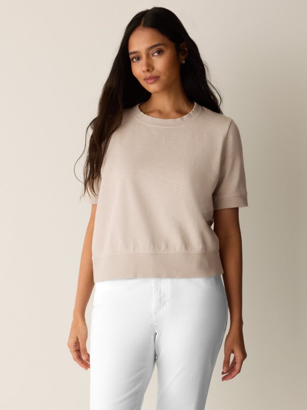 Eileen Fisher Tan Organic Cotton Terry Wedge Short Sleeve Top